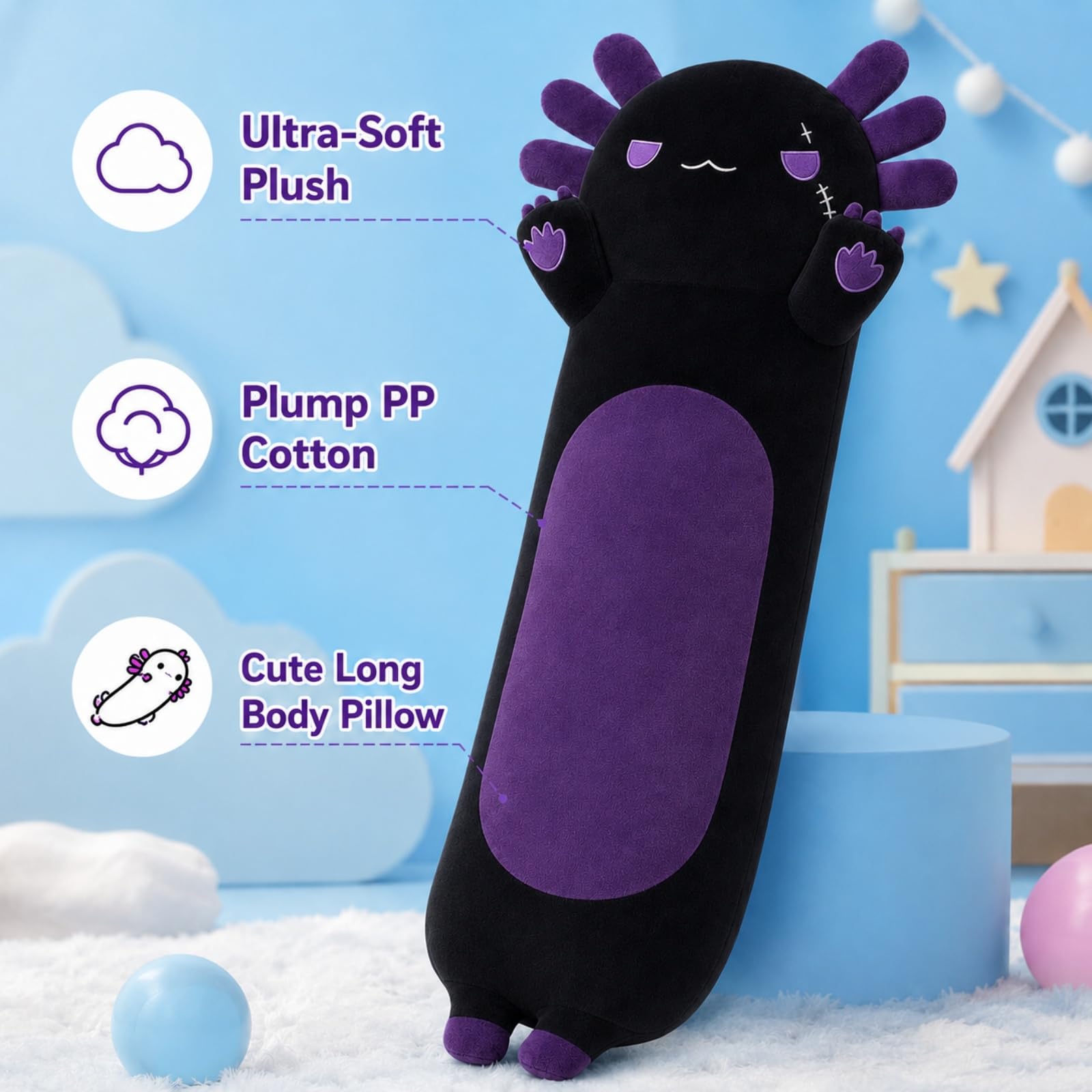 SNOWOLF imbottito Axolotl lungo cuscino peluche giocattolo animale morbido Kawaii Stuff coccoloso giocattolo adorabile cuscino abbraccio per i bambini (110cm, viola)
