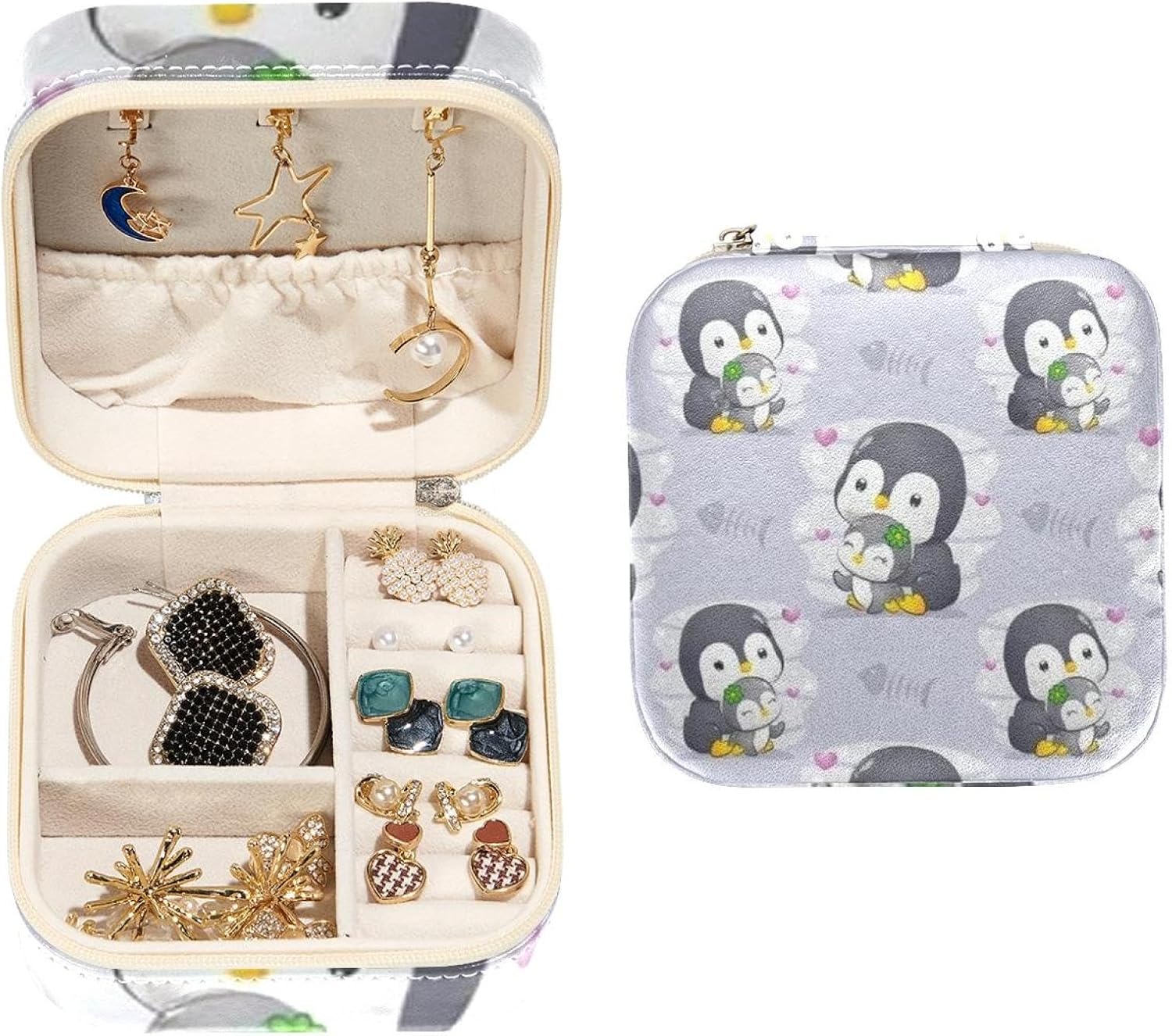 Dragon Sword PVC Leather Jewelry Organizer Box Small Jewelry Boxes Travel Jewelry Case Accessories for Women Girls, Portable Jewelry Storage Holder for Rings Earrings,(Penguin with Her Baby)