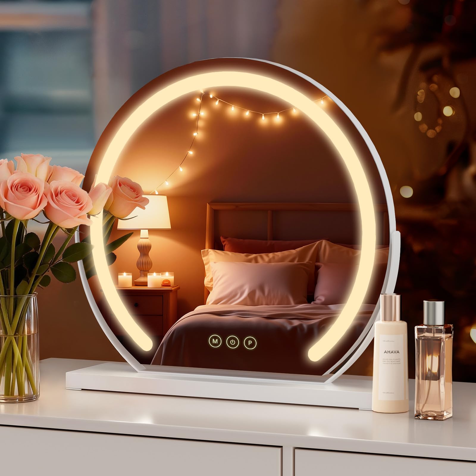 S'AFIELINA Hollywood Vanity Mirror 360° rotation Dressing Table Makeup Mirror with Lights Round ф50cm Touch Screen Control 3 Colors Dimmable Adjustable Brightness, White