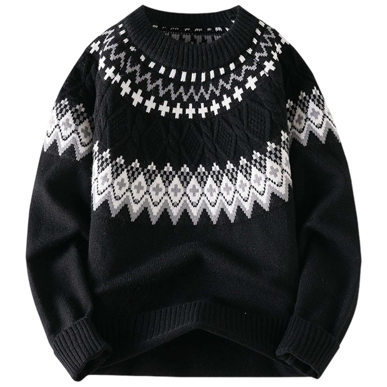 Generisch Jersey de punto noruego para hombre, cuello redondo, jersey de invierno de gran tamaño, suéter básico, suéter de invierno, suéter cálido, jersey de punto grueso, jersey elástico, corte