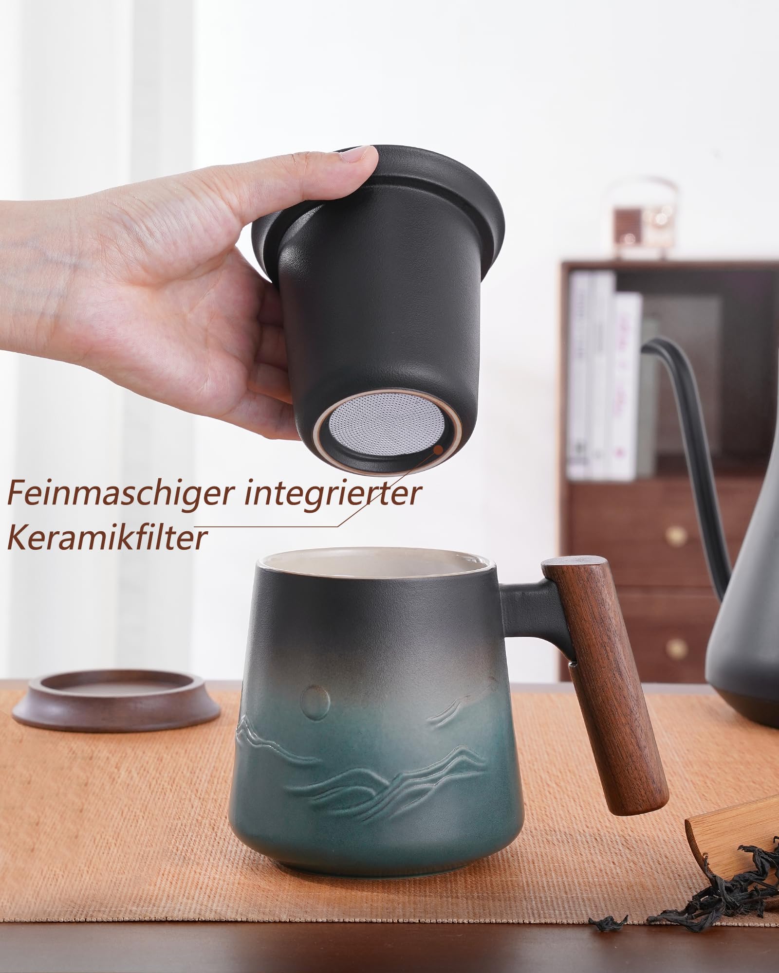 ZENS Teetasse mit Deckel und Sieb, 430ml Holzgriff Groß Teebecher mit Teesieb und Holz Deckel für Losen Tee, Keramik Teetassen Geschenk für Teeliebhaber, Schwarz und Grün