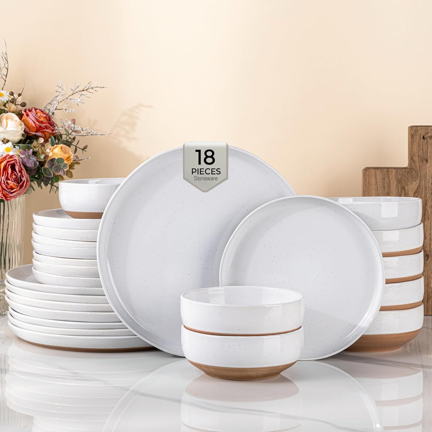 AmorArc Ceramic Dinnerware Sets for 6, 18 Pieces Handpainted Plates and Bowls Set with Rustic Terracotta Underside, Scratch Resistant Stoneware Dishes Set, Dishwasher & Microwave Safe, White