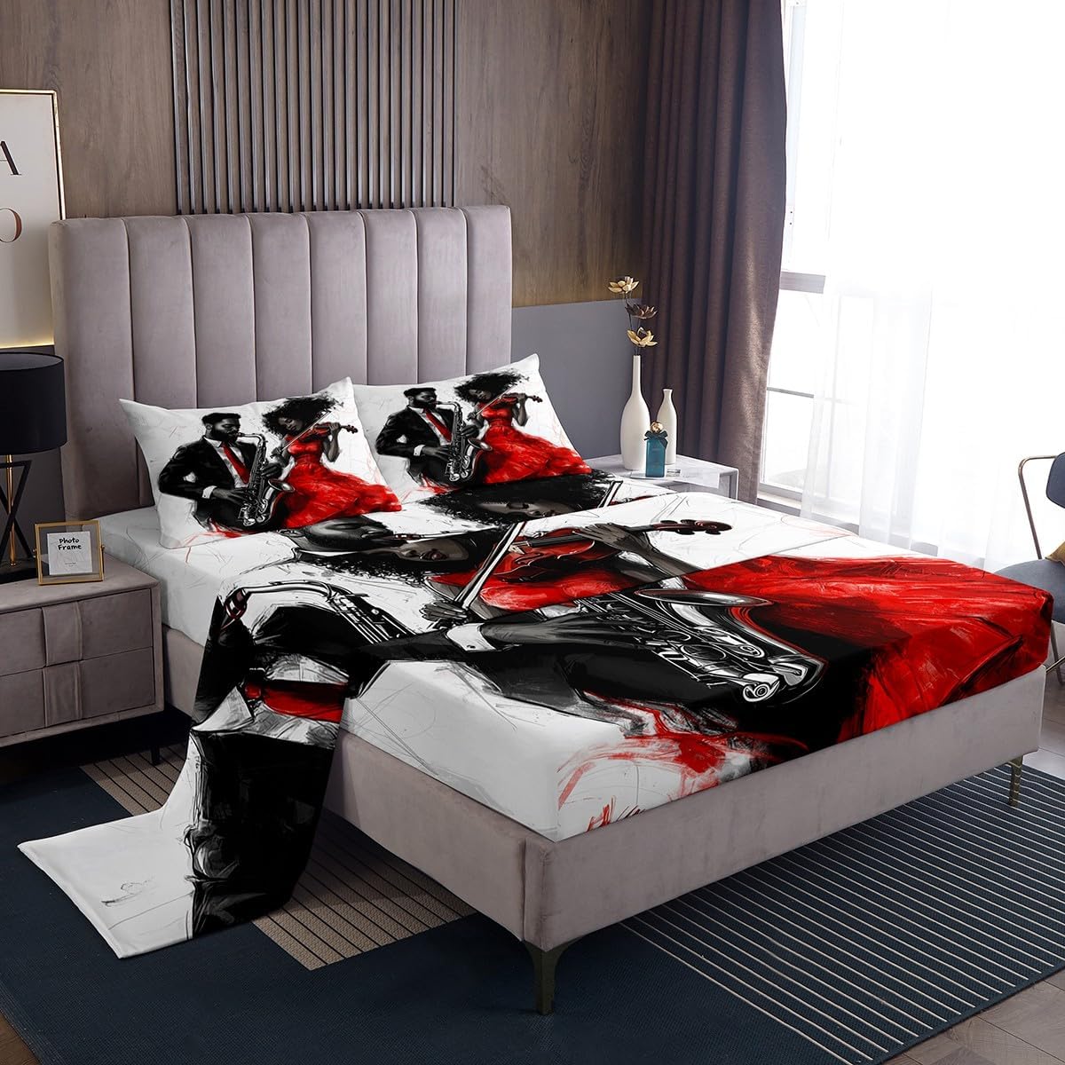 Erosebridal Saxophone Music Sheets King Red and Black Sketch Bed Sheets Set for Woman Men Jazz Music Violin Sheet Set Mucical Theme Aesthetic Modern Flat Fitted Sheet