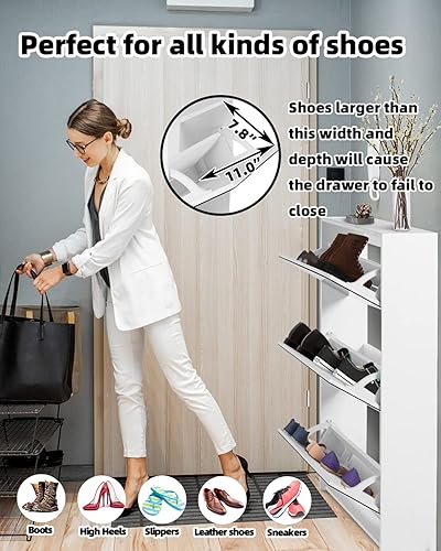 Miniatura 4 de HOPUBUY Zapatero para entrada, armario estrecho de almacenamiento de zapatos con espejo, zapatero delgado de madera, organizador de zapatos de 3