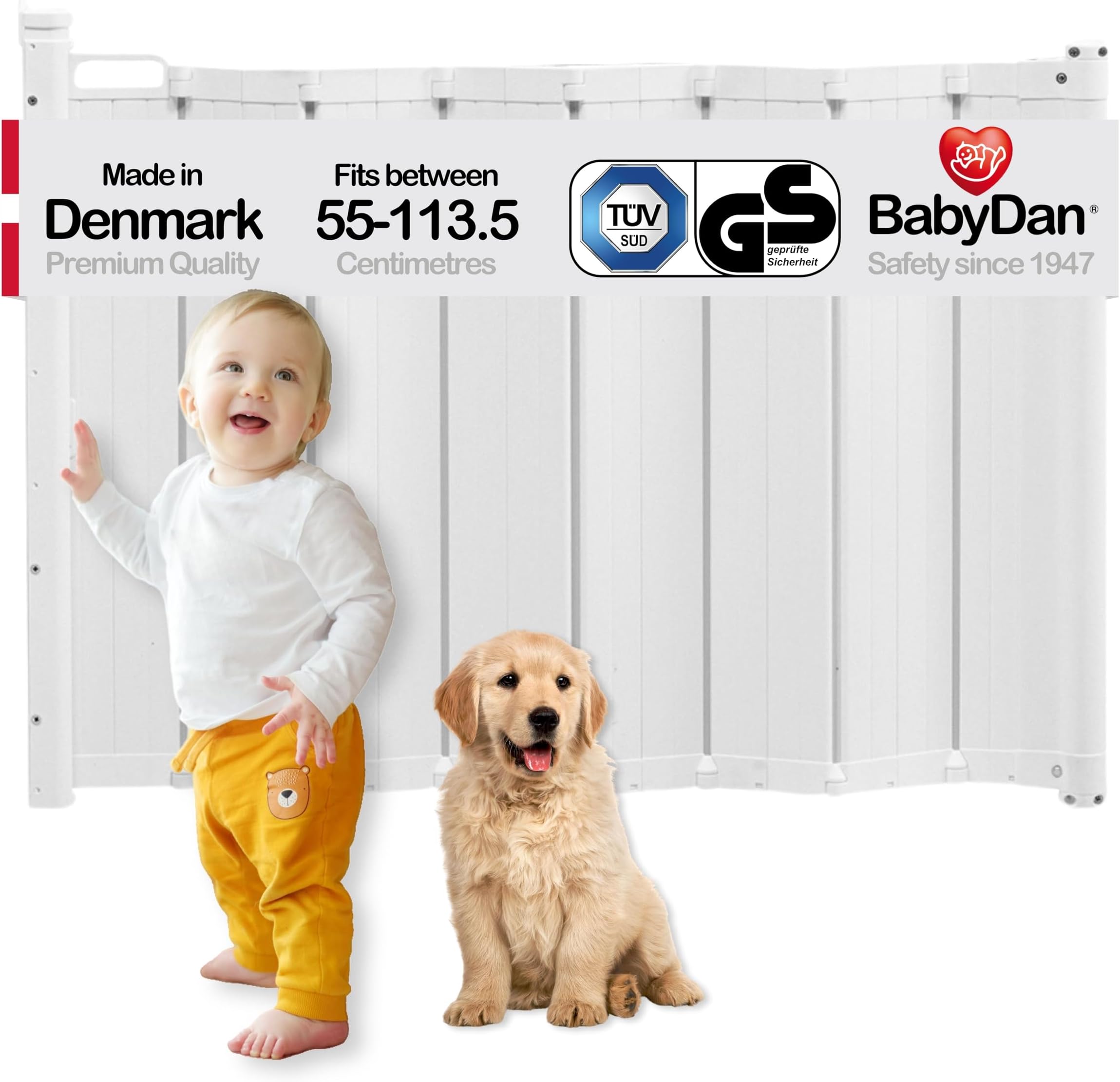 BabyDan Guard Me Extra Wide, Auto Retractable Stair Gate, Fits openings between 55-113.5 cm/21.65-44.69 in, White, Made in Denmark - Baby Gate/Safety Gate (Pet Gate/Dog gate)