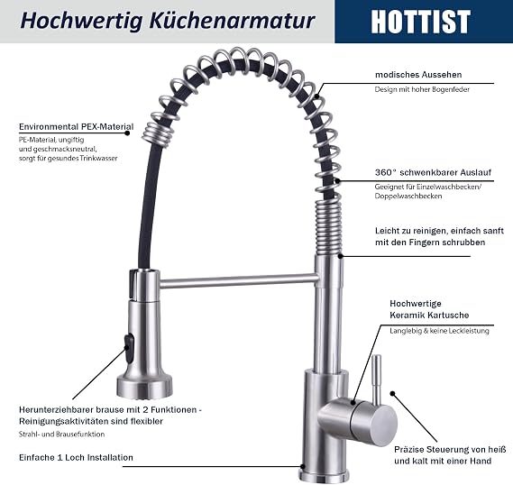 Kitchen Tap, 2 Spray Modes Spring Sink Mixer Taps with Pull Down Sprayer, High Arc Swivel 360° Single Handle Lever Kitchen Tap (Brushed Nickel)