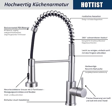 Kitchen Tap, 2 Spray Modes Spring Sink Mixer Taps with Pull Down Sprayer, High Arc Swivel 360° Single Handle Lever Kitchen Tap (Brushed Nickel)