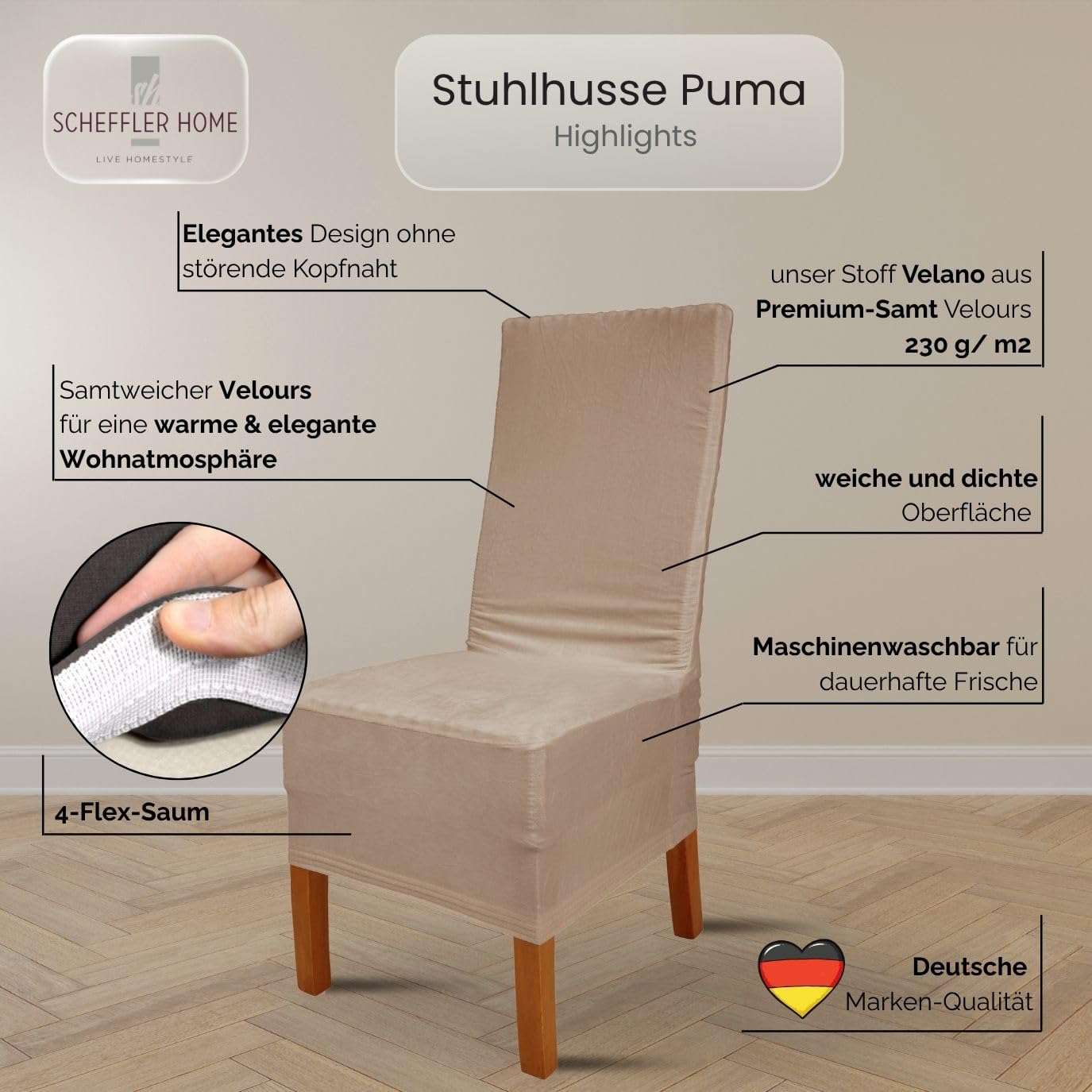 Scheffler Home Stuhlhussen Samt Stein-Beige 6er Set Puma | Weiche Velours-Stuhlbezüge, elastisch und waschbar, für Hochlehner, Polsterstühle und Esszimmerstühle