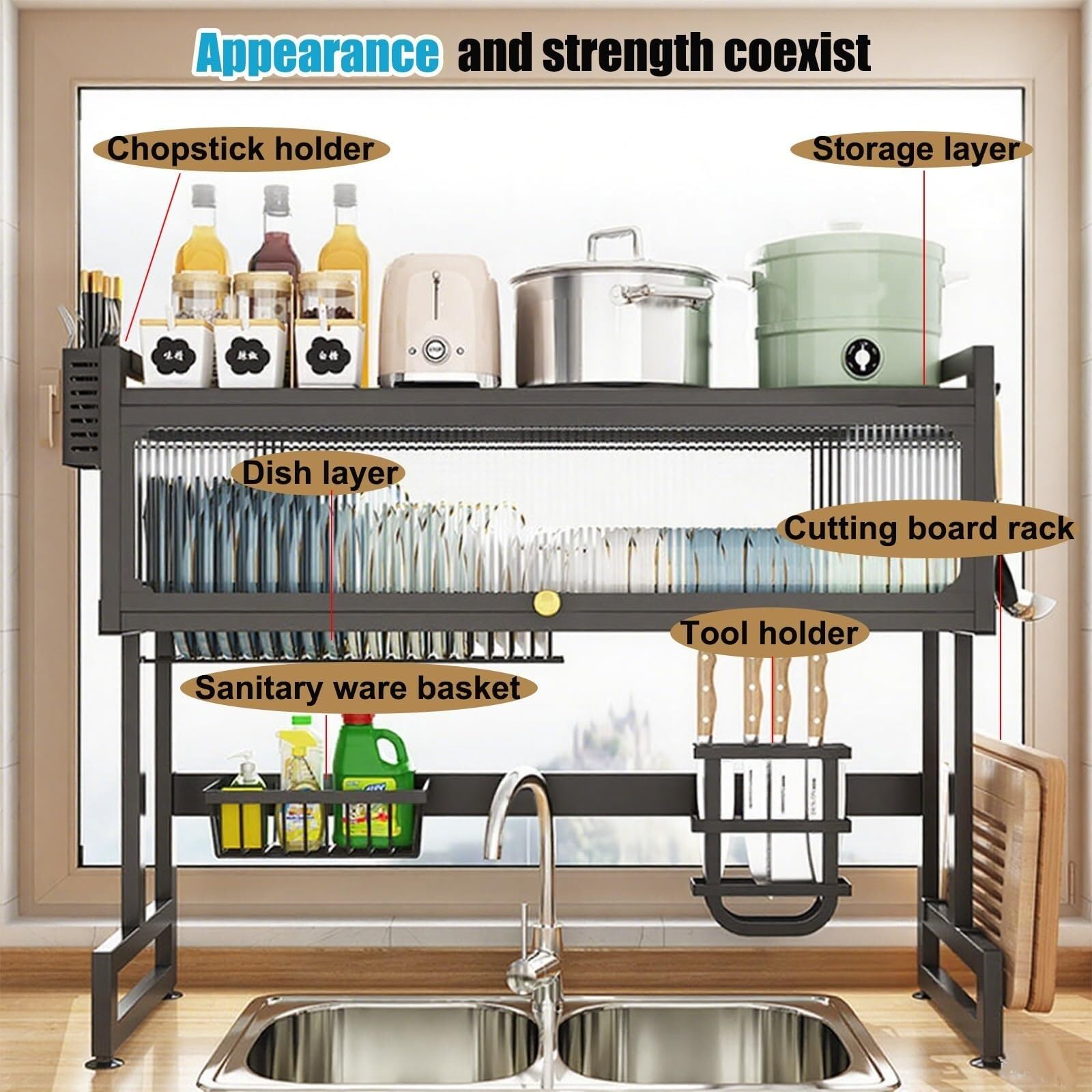 Escurridor de Platos sobre el Fregadero con Tapa, 2 Niveles, Grande escurridor de Platos