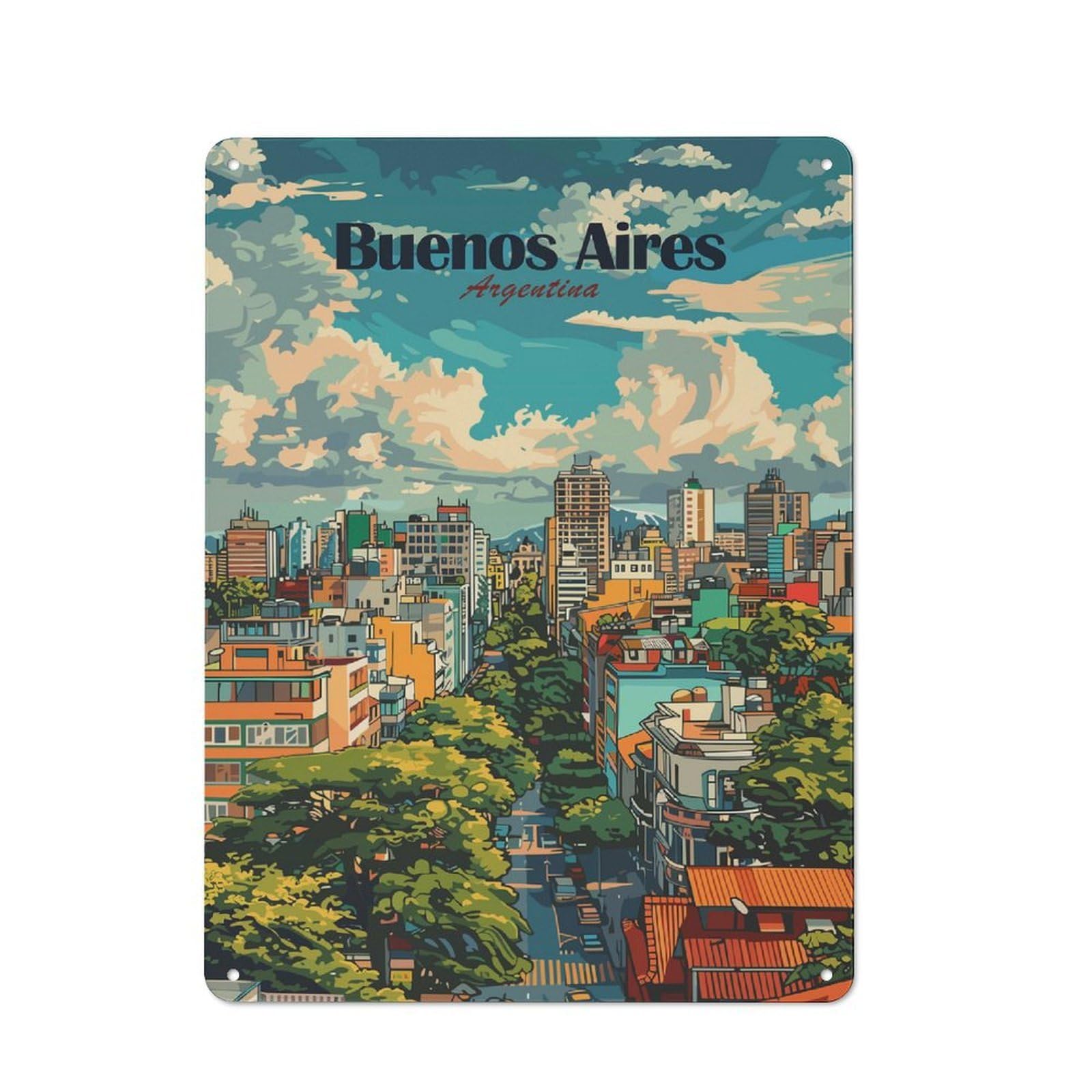 Junmoney Style-21 Buenos Aires Argentina Cityscape Illustration Decorative Metal Wall Decor 40X30cm, Metal Gift Sign For Hallway, Home Bar, Garage Or Study