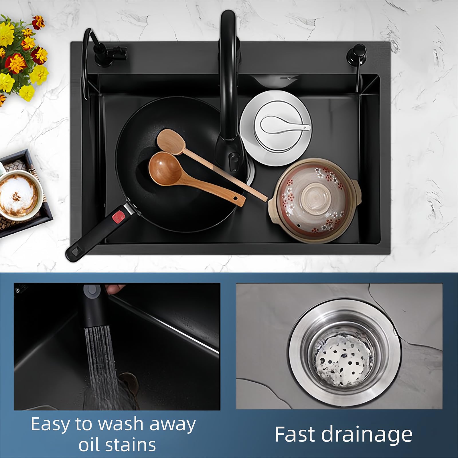 Lavello Da Cucina Nero 80 x 50 cm, Lavello Cucina In Acciaio Inox 1 Vasca Con rubinetto estraibile, Lavello da incasso a tre fori (Nero, 80x50cm)