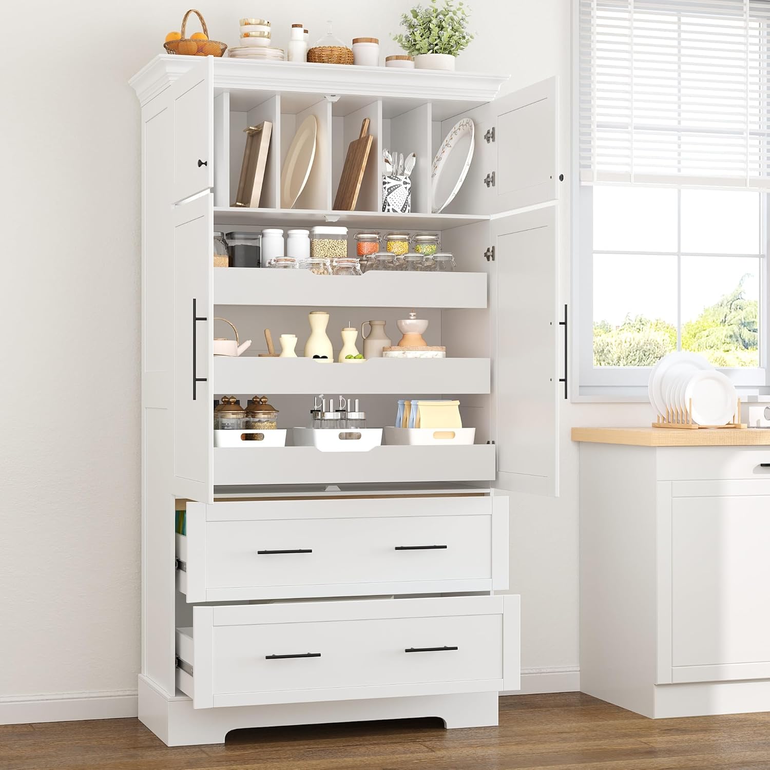 Merax 72.6" Farmhouse Kitchen Pantry Cabinet with Pull-Out Trays & Drawers, Freestanding Pantry with Cake Pan Storage, 4-Door Shaker Style Storage Cabinet, 40" L x 18" W, White