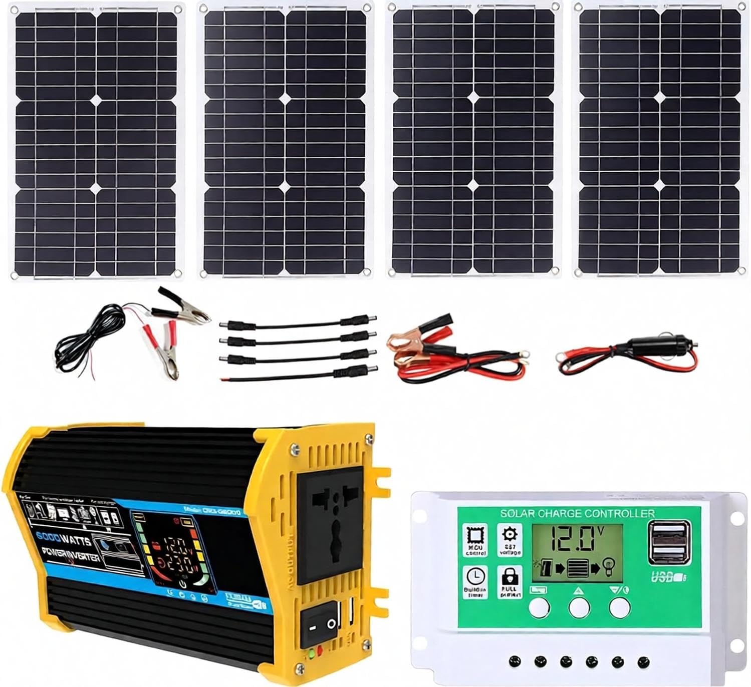Kit de Panel Solar monocristalino de 100 W con inversor de 6000 W para autocaravanas, Camping y Barcos: Sistema de alimentación portátil Fuera de la Red (Negro, 100 W)