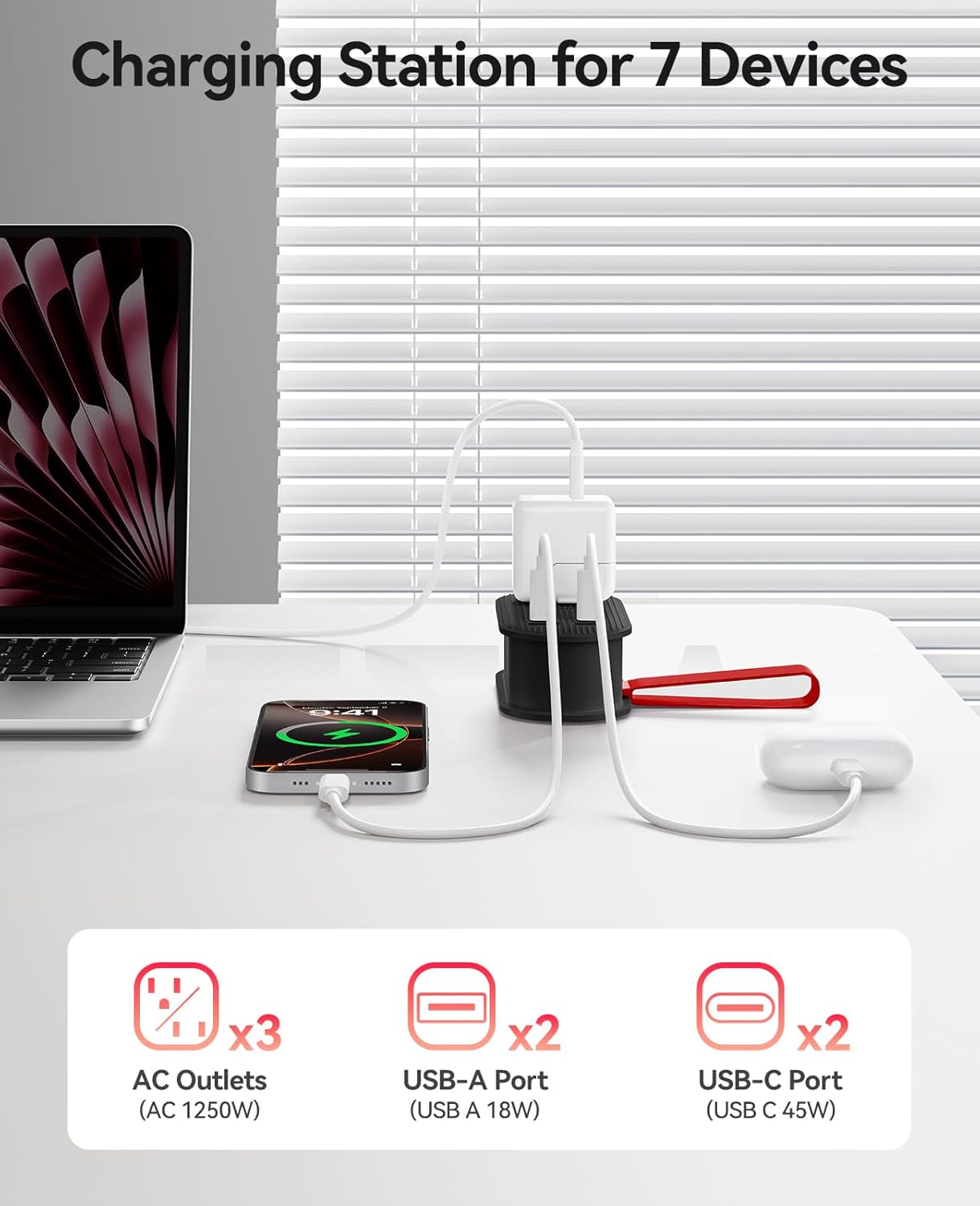 ORICO 45W Power Strip for iPhone 17 and Galaxy S25, 7 in 1 Charging Station with 3AC, 2 USB-A, 2 USB-C, 4ft Thin Extension Cord, Flat Plug Fashion Essential for Travel/Home/Office/Library/Dorm - TK45
