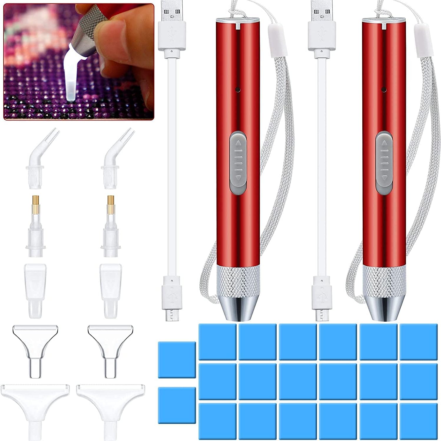 KASTWAVEDiamond Painting Pen, with Light Point Drill Pen with 10 Pieces Pen Heads, 40 Pieces Painting Glue Clay 5D Diamond Painting Tool Accessories for Nail Art DIY Painting (Red, 2PCS)