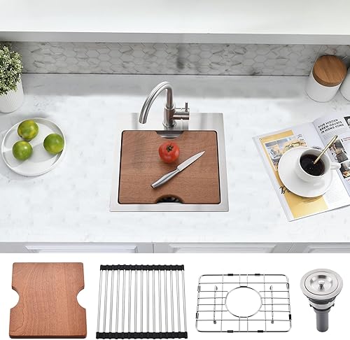 Miniatura 30 de Estación de trabajo de fregadero de barra empotrable dorado de 15 x 15 pulgadas - Calibre 16 acero inoxidable tazón individual, fregadero de cocina