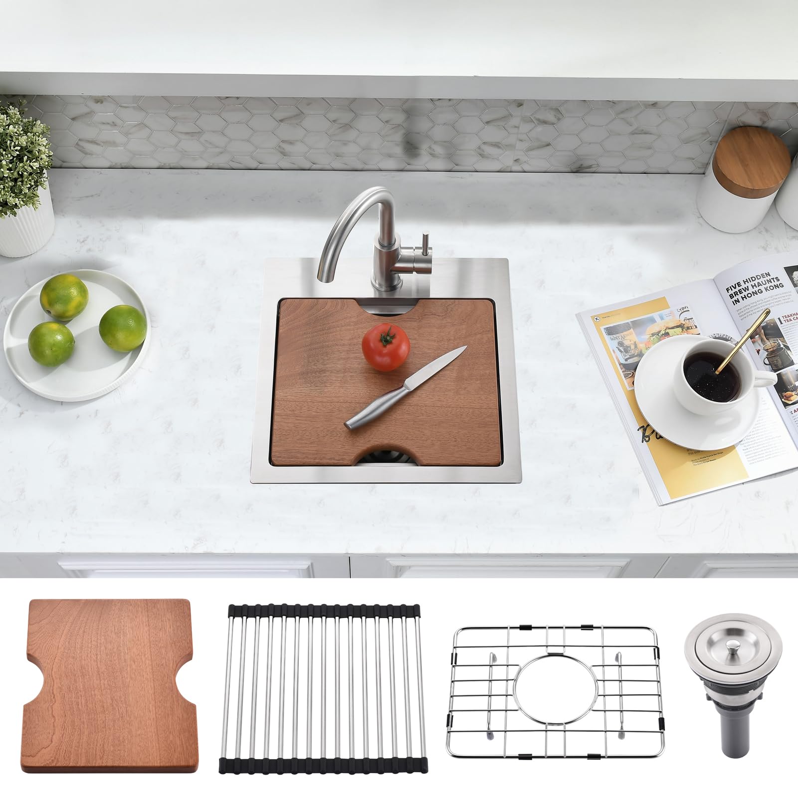 15x15 Inch Drop In Bar Sink - 16 Gauge Stainless Steel Small Kitchen Sink, 10" Deep Single Bowl Workstation Sinks with Accessories for RV, Outdoor Kitchen & Wet Bar