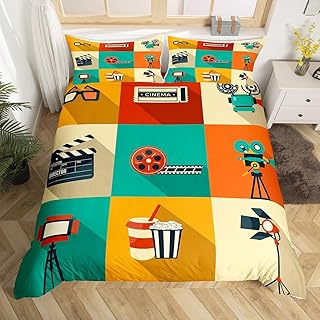 Erosebridal Movie Theater Comforter Cover Twin Vintage Cinema Theme Bedding Set Cinema Ticket Film Strip Popcorn Duvet Cover for Kids Adults Patchwork Cinema Icons Bedspread Cover with Zipper 2 Pcs