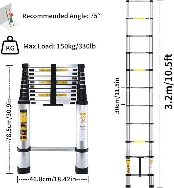 Telescopic Ladder - 3.2M Extendable Step Ladders with Non-Slip Feet, 10.5ft Aluminium Heavy Multi Folding Extension Adjustable Height for Attic Stair Roof Hatch Access Garden Window Outdoor Home
