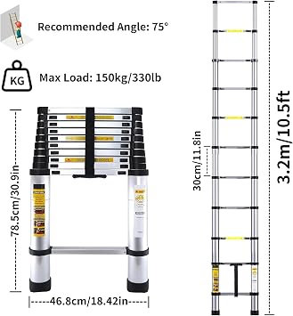 Telescopic Ladder - 3.2M Extendable Step Ladders with Non-Slip Feet, 10.5ft Aluminium Heavy Multi Folding Extension Adjustable Height for Attic Stair Roof Hatch Access Garden Window Outdoor Home