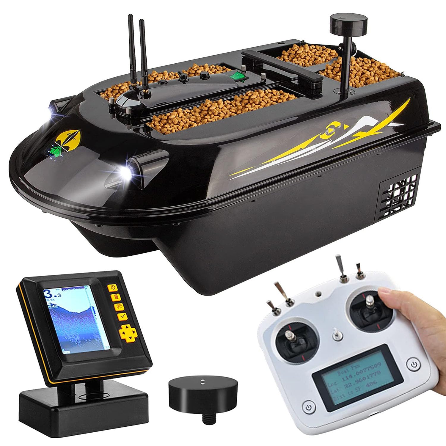 Ecoscandaglio sonar per barca da pesca RC 2 in 1 GPS, barca da pesca in mare da 600 m con 4 contenitori per esche, carico massimo 8 kg, barca con esca con crociera automatica e luce a LED, per gli