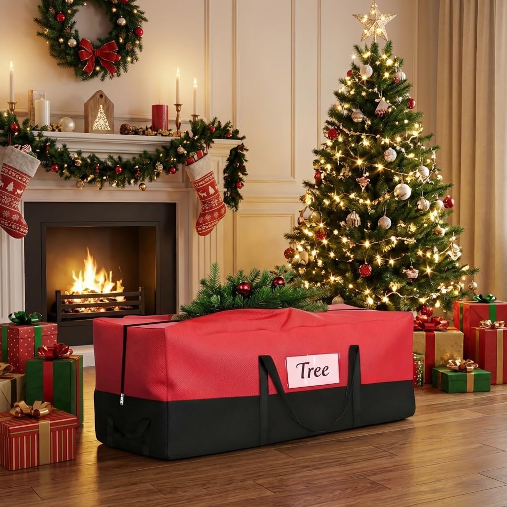 Christmas Tree Storage Bag - Fits Up to 8 Ft Tall Artificial Trees, Heavy Duty Holiday Storage Box With Reinforced Handles, Zipper & Transparent Pocket - 600D Oxford Container, Red - Image 2