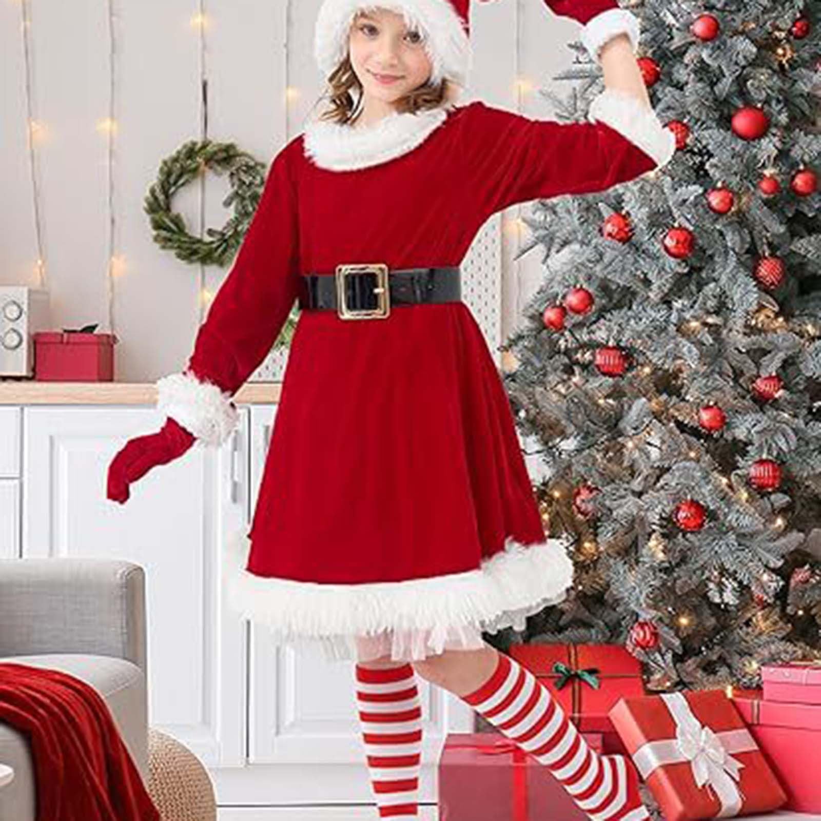 Vestito da bambina, costume da Babbo Natale, abito da festa con cappuccio