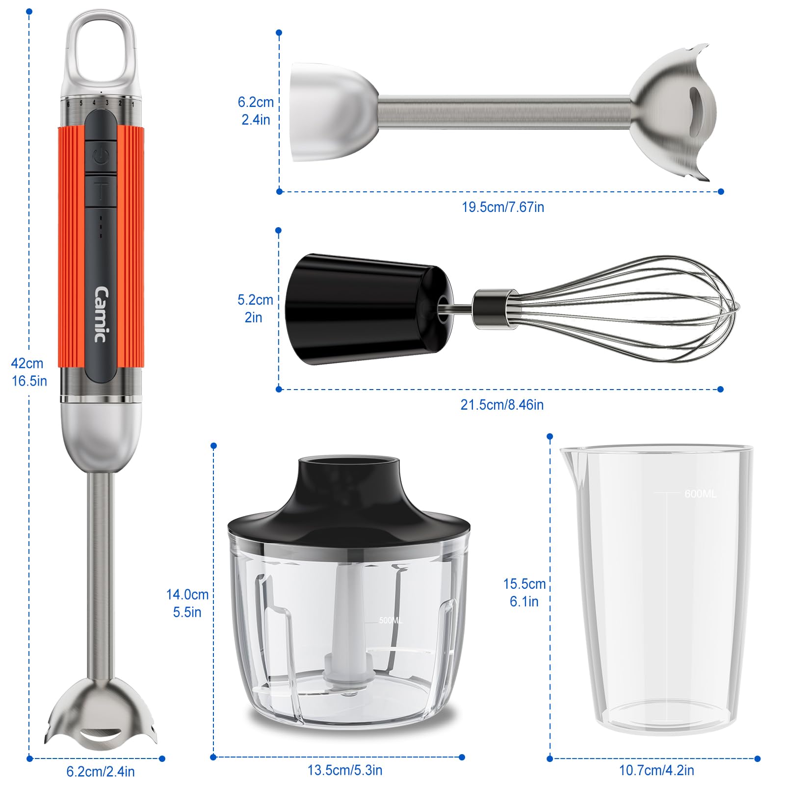 Camic 4-in-1 Stabmixer, Kabelloses Elektrische Stabmixer mit 6-Stufiger + Turbo, Inklusive Edelstahl-Mixfuß, Schneebesen, Milchaufschäumer und 500ml Lebensmittelhacker für Suppen und Milchshake