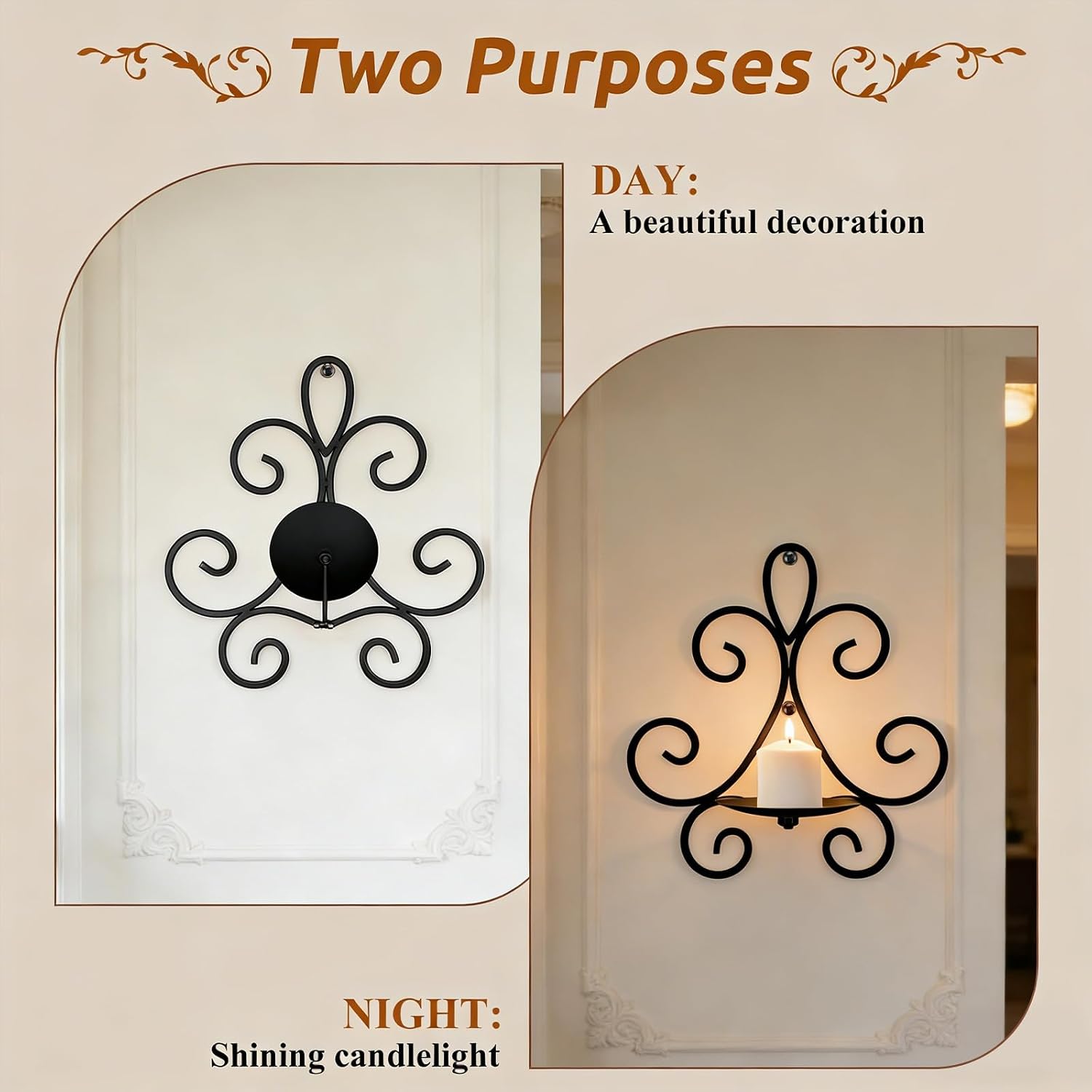 Wall Candle Sconces Set of 2, Metal Wall Candle Holders, Black, Home Decor