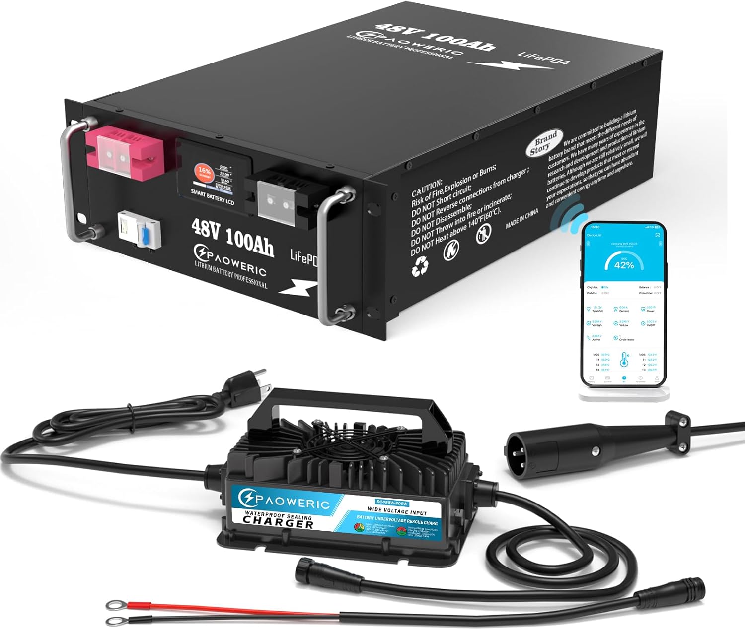 48V 100Ah LiFePO4 Battery - Smart 200A BMS, with Charger & Touch Screen & APP Control, 5120WH Energy, Ideal for Solar/Off-Grid Energy Storage