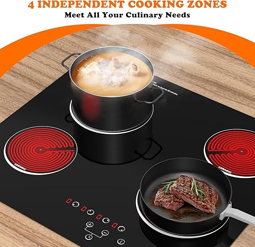 Miniatura 7 de Placa eléctrica de 4 quemadores de 24 pulgadas, estufa eléctrica integrada, 220-240 V con bloqueo para niños, control táctil, indicador de calor