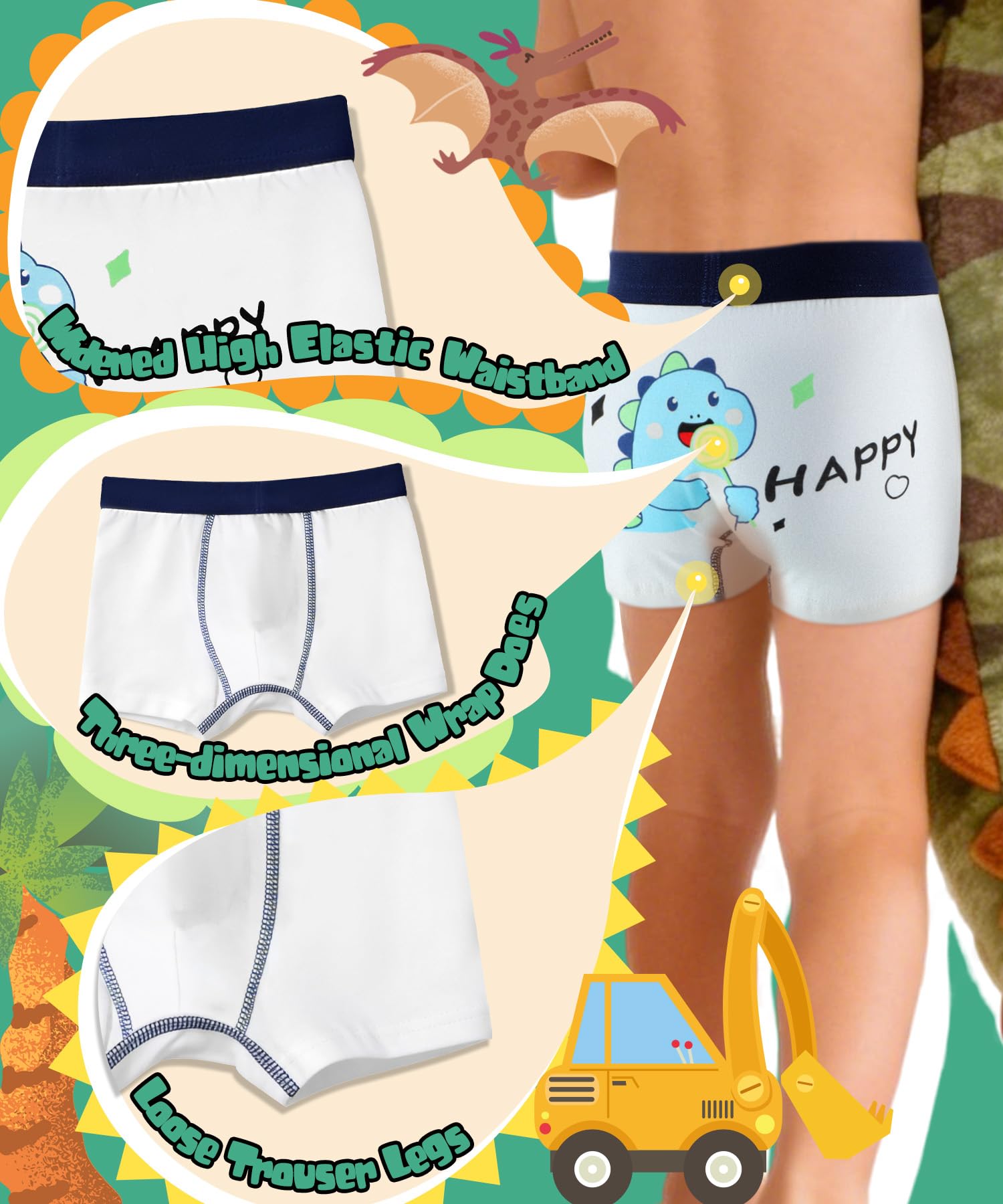 Boxer Enfant Garcon Coton Doux Calecon Enfant Garçons, Confortable Respirant Boxers Garçon, Dinosaure Motif Caleçon Garçon, Boxer Garcon Tout-Petits Enfants Lot de 8 pour de 2 à 9 Ans