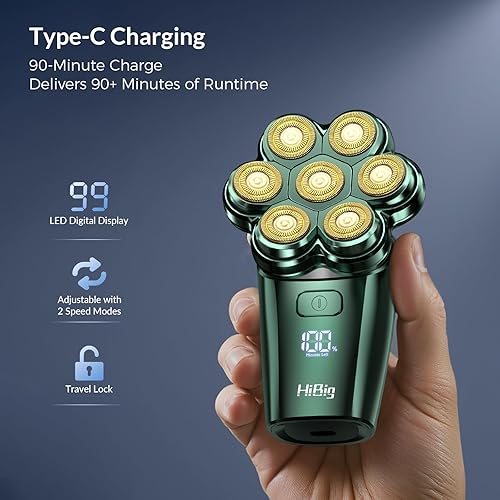 Vista 6 de Afeitadoras de cabeza para hombres calvos, maquinilla de afeitar eléctrica de arco 7D con cabeza magnética desmontable, impermeable, en seco y Verde