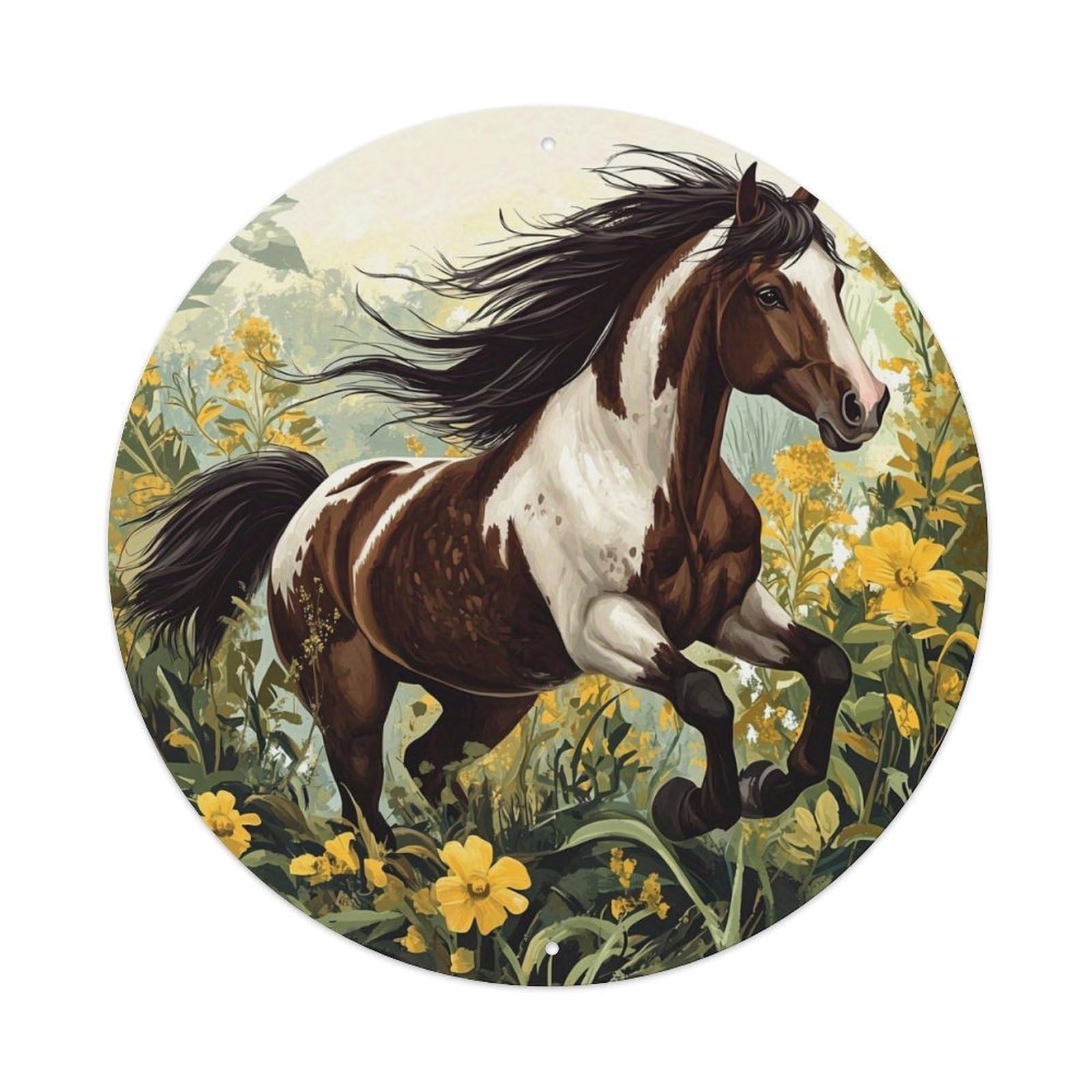 Horse In Flower Field Running Tin Sign Metal Poster Vintage Metal Signs for Home Man Cave Bar Cafe Kitchen laundry room Wall Decorations Gift 8x8Inch