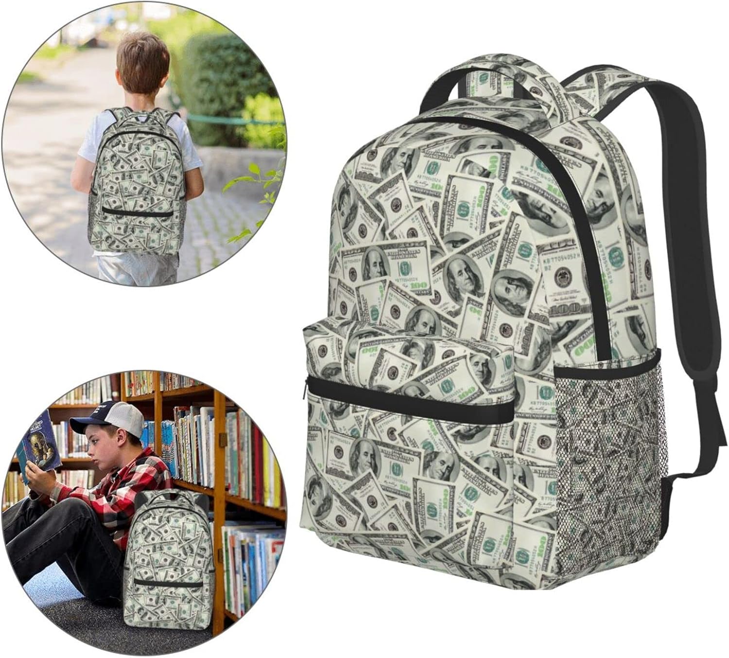 US Dollar Money Backpack Bookbag 16 inch Laptop Bag Shoulder Bag Casual Daypack for Teenager