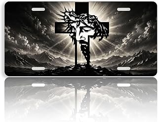 Jesus Cross License Plate, Aluminum Decorative Personalized License Plate Crown Thorn Mountain Light Novelty Vanity Tag Cover with 4 Holes 6×12 inch Car Decor Accessory