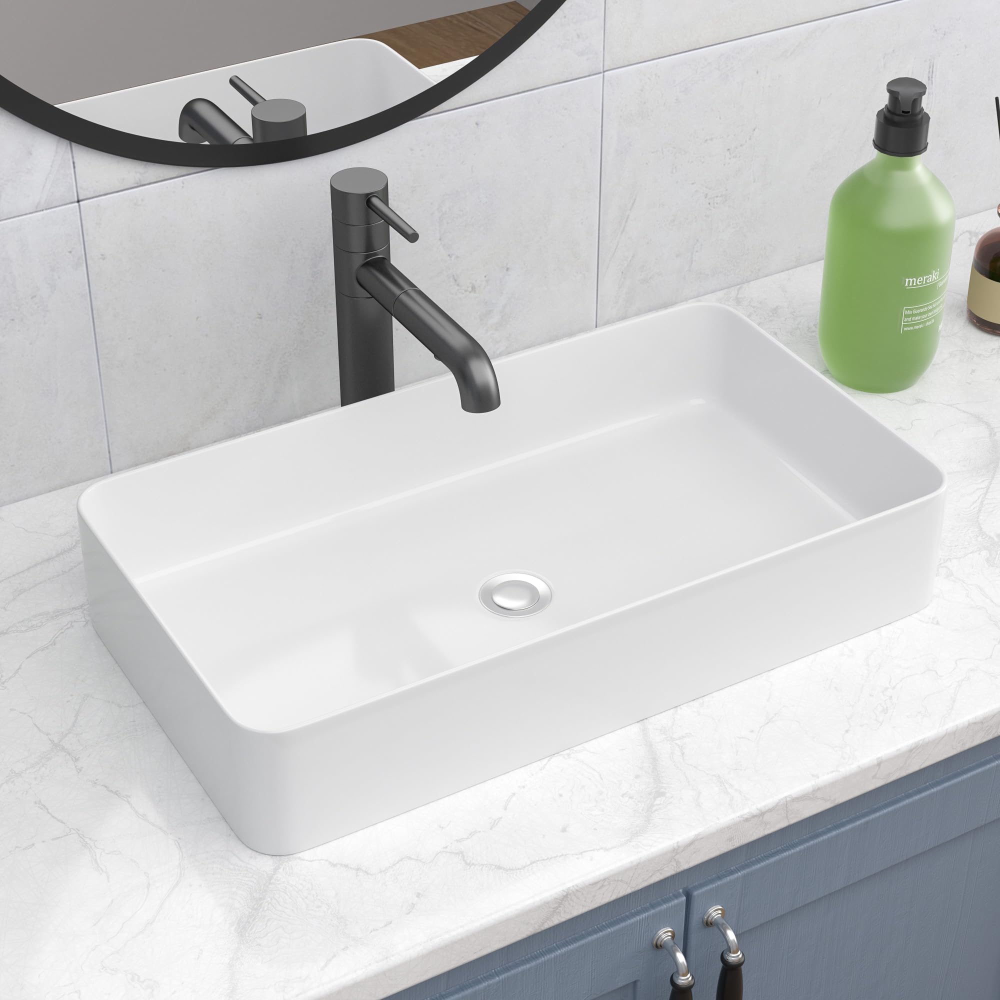 Fregadero rectangular de 24 x 14 pulgadas, color blanco, rectangular, sobre encimera, de cerámica, de porcelana, para encimera, lavabo rectangular de arte