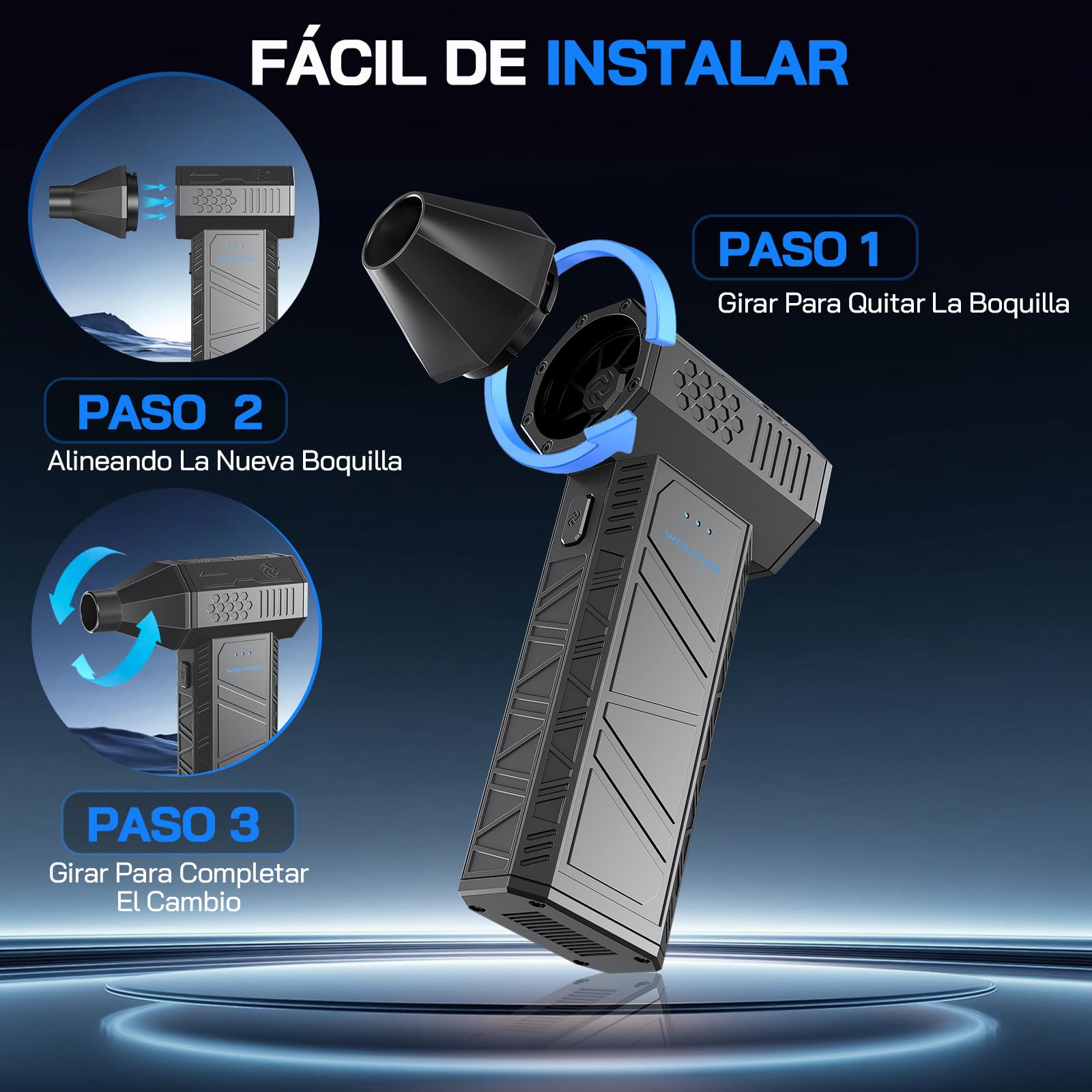 WOLFANG Soplador de aire eléctrico inalámbrico de 110000 rpm, Aire Comprimido Limpieza PC Soplador de Aire, mini soplador ajustable de 3 engranajes con carga rápida para PC, Limpieza Coche