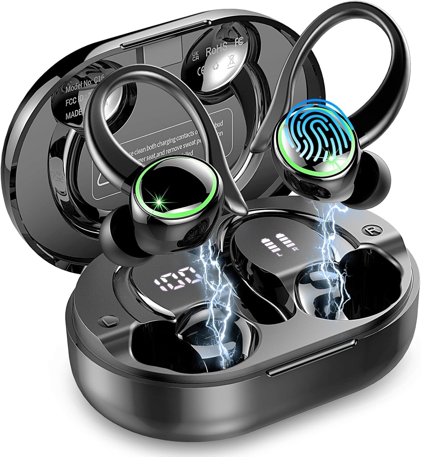 Wireless Earbuds, Bluetooth 5.4 Headphones, 50H+ Playtime Stereo Noise Canceling Headphones with 4 ENC Mic, Sport Ear buds with Earhooks, IPX7 Waterproof Wireless Earphones for Sport/Running/Gym
