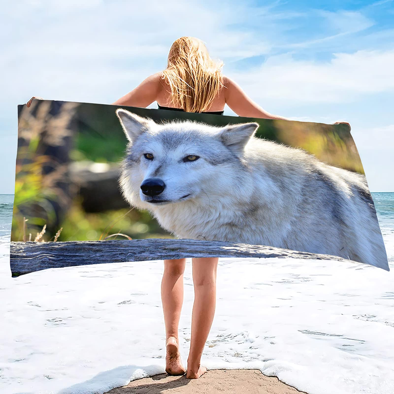 KINITA Serviette de Plage 200x200 cm Loup, Serviette de Plage Grande Microfibre Enfants Femme Homme, Serviette de Bain, Drap de Plage Légère Portable pour Natation Voyage