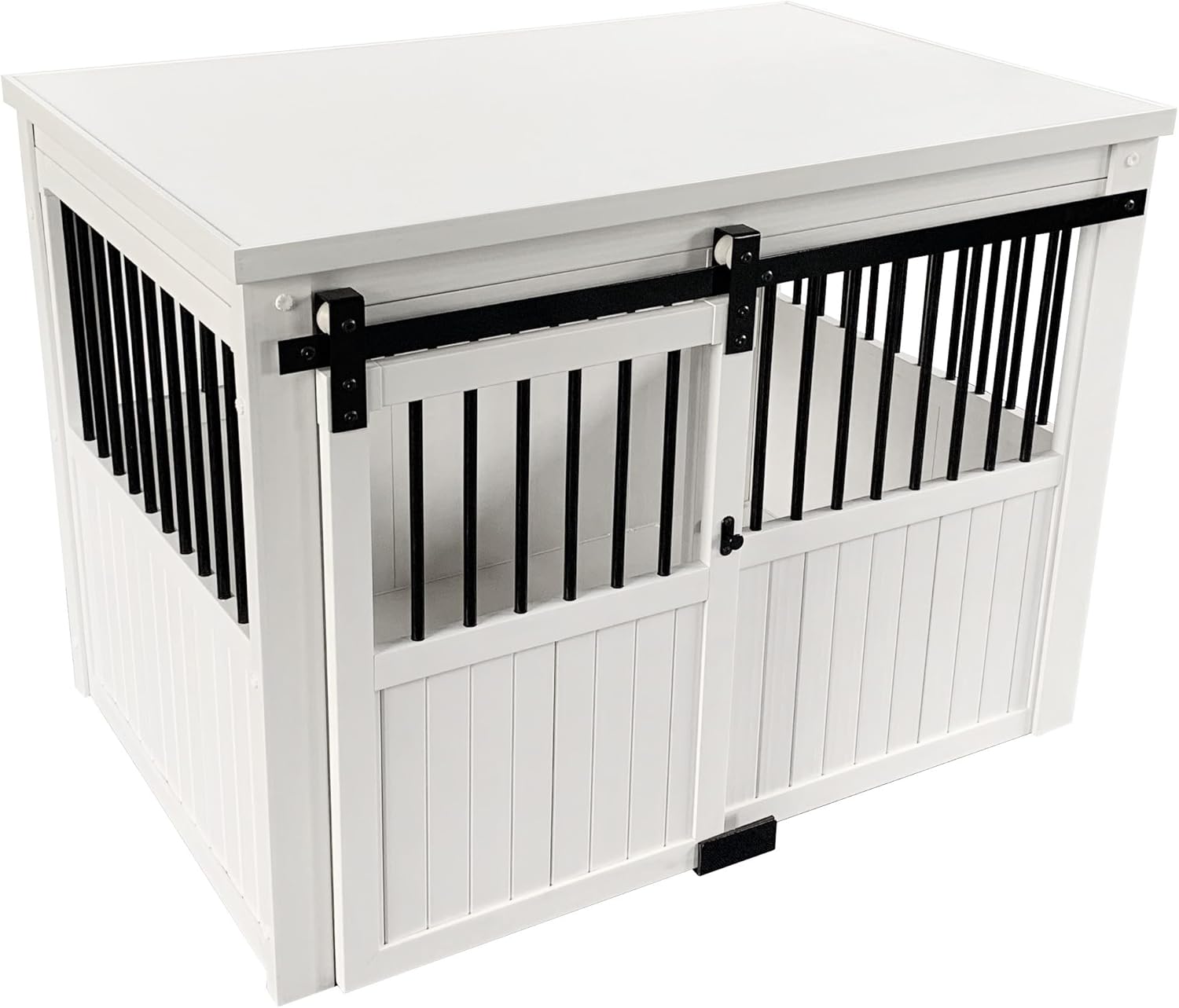 New Age Pet® ECOFLEX® Homestead Sliding Barn Door Furniture Style Dog Crate - Antique White, Large (EHDBC15-04L) - Stylish, Durable, Removable Cushions, Easy to Assemble.