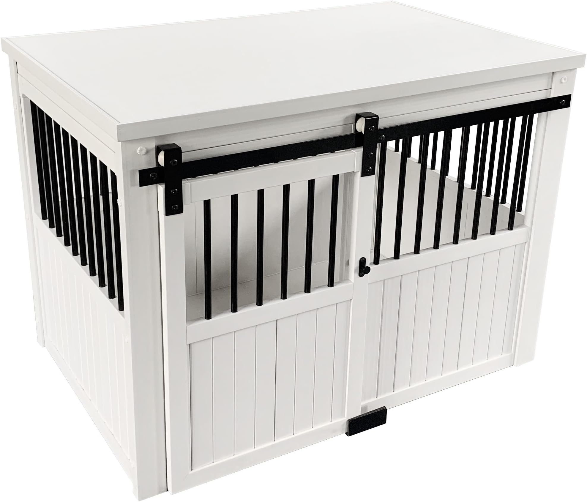ECOFLEX® Homestead Sliding Barn Door Furniture Style Dog Crate - Antique White, Large (EHDBC15-04L) - Stylish, Durable, Removable Cushions, Easy to Assemble.