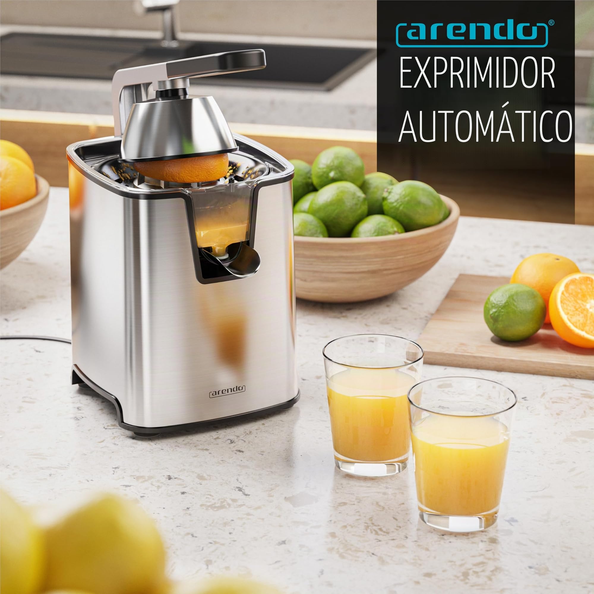 Arendo - Exprimidor eléctrico de cítricos de 1000 W - Exprimidor de naranja de acero inoxidable - Potente motor - Muy alta eficiencia - Cono de acero inoxidable - Sin BPA - Apto para lavavajillas