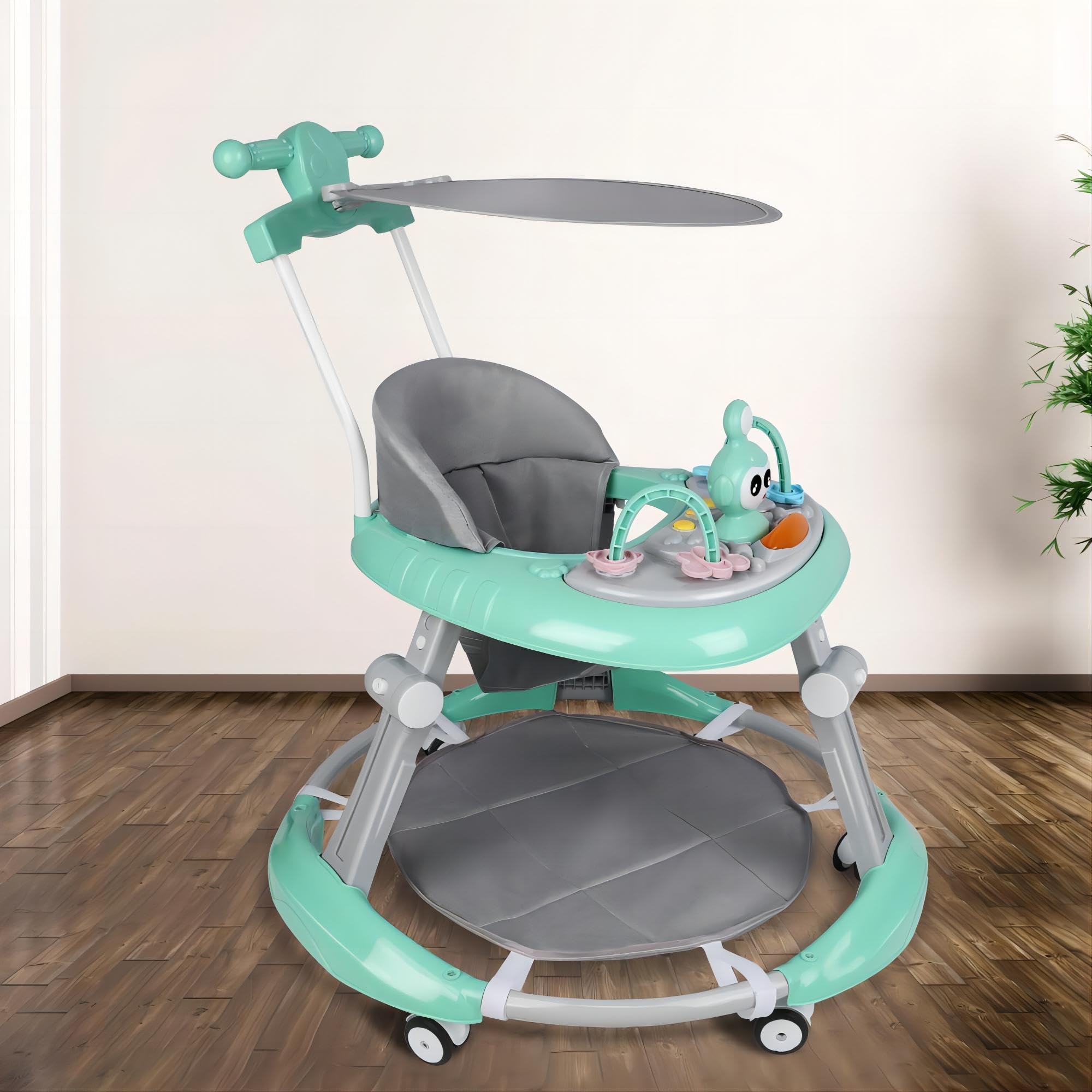 5 in 1 Girellino con baldacchino, maniglia, stazione di gioco rimovibile, zona pranzo, sedile comodo e freni, passeggiata girello pieghevole passeggino per 6-36 mesi ragazzi e ragazze (verde)
