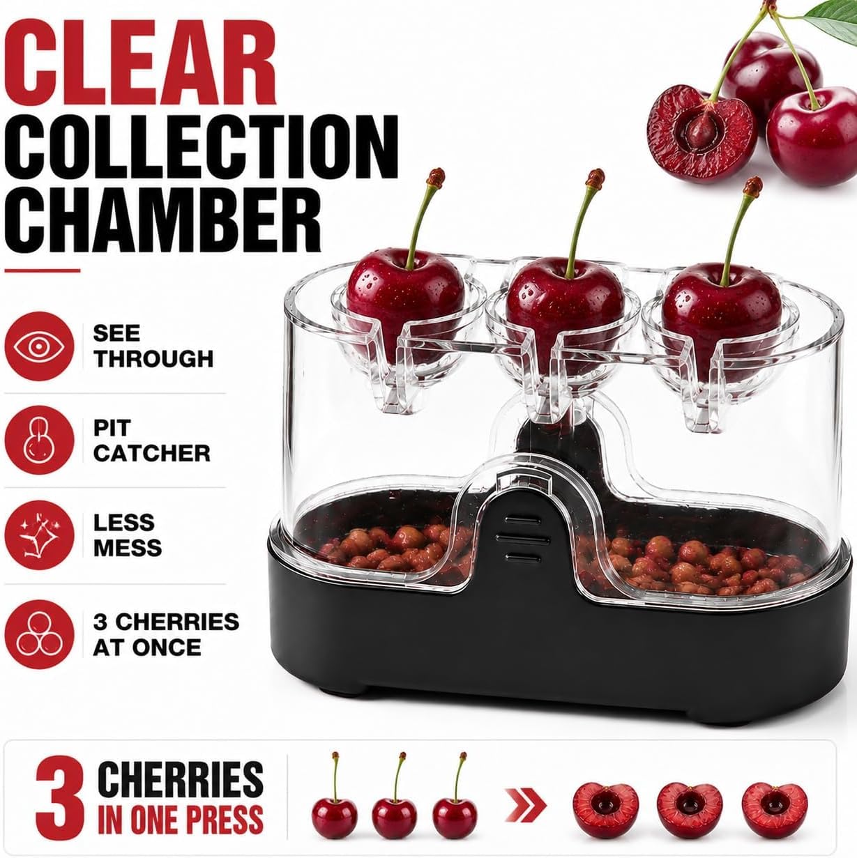 NOVANO Cherry Pitter Tool,2-in-1 Cherry Pitter & Half Slicer, Mess-Free Manual Cherry Stoner with Splatter Guard,3-Hole Cherry Seed Remover with Built-in Blade, Easy Clean Kitchen Gadget