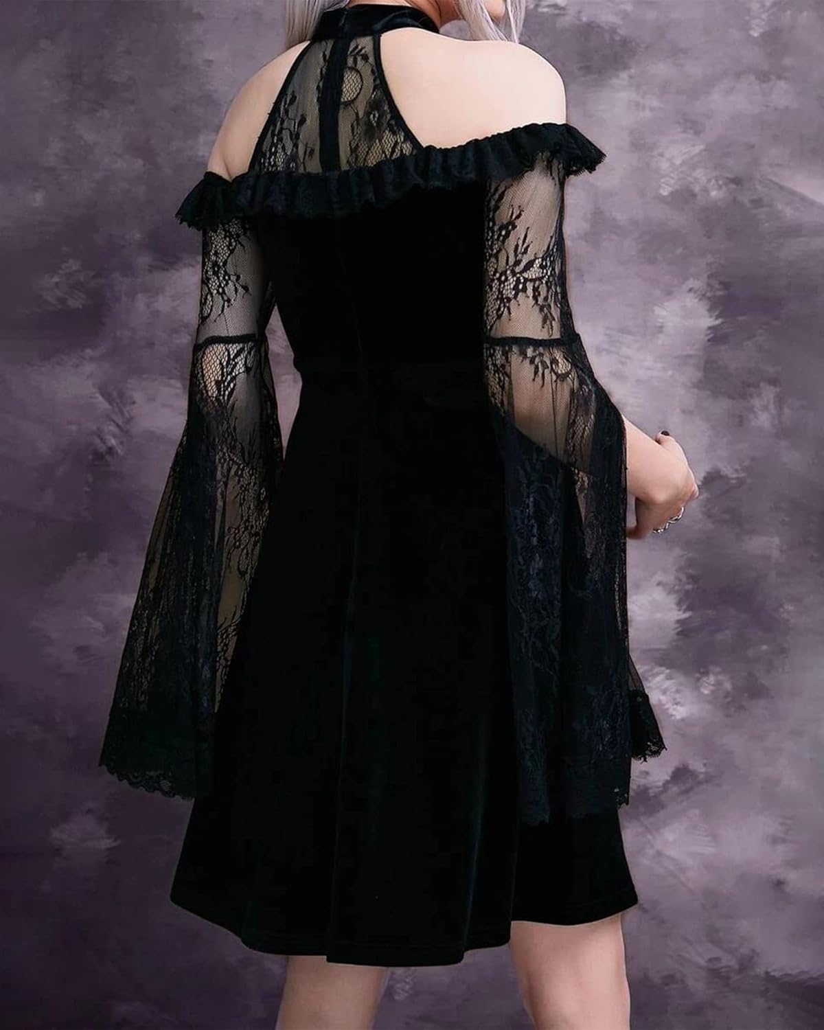 LVCBL Women's Lace Vintage Dress Halloween Vampire Cold Shoulder Gothic Dress - Image 4