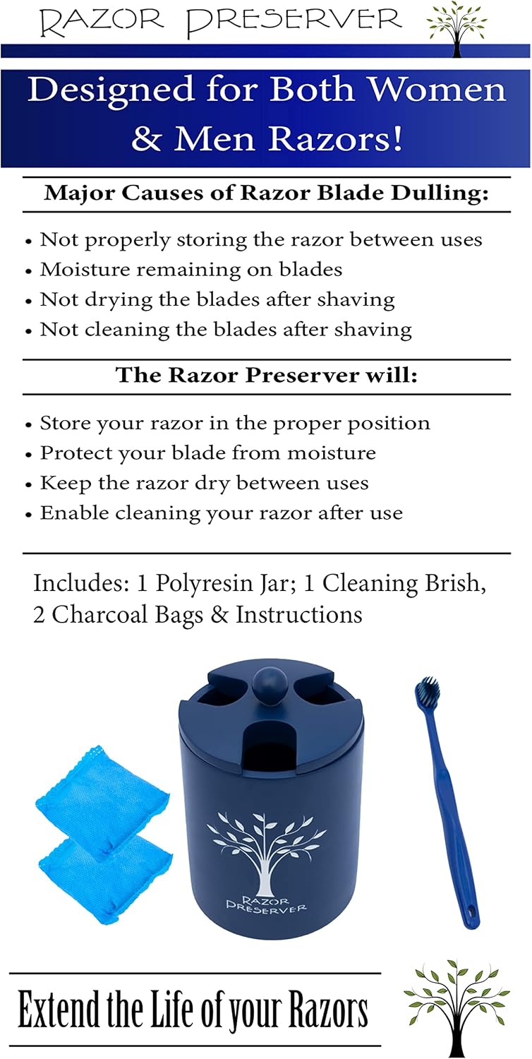 The Razor Preserver - Attractive Shaver Stand with Cleaning Brush and Moisture Absorber. Extend the Life 10x of your Razor Blades! Barber Jar. Keep Shavers Sharp, Clean & Dry