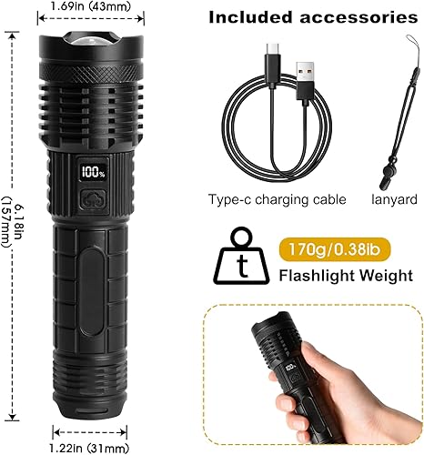 Miniatura 6 de Linterna recargable alta potencia de 18000 lúmenes, pantalla LED, enfoque ajustable, carga USB, 5 modos, linterna LED impermeable IPX4 para