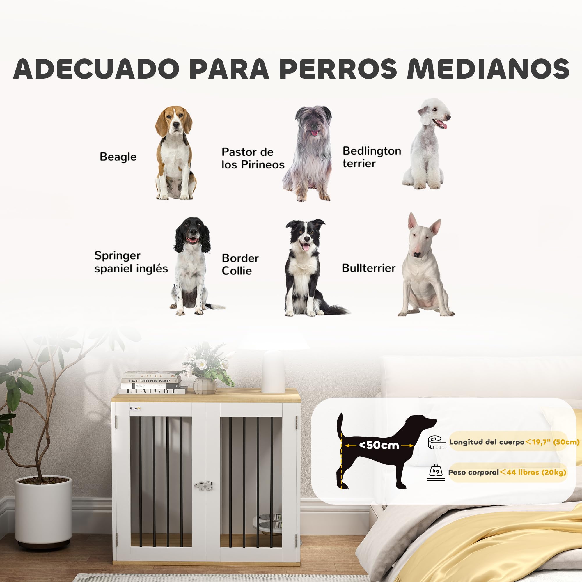 PawHut Jaula para Perros Medianos 2 en 1 Mesa Auxiliar con 2 Puertas con Pestillo Comedero Giratorio de 360° 2 Cuencos y Almohadillas Antideslizantes 80x55x71,5 cm Blanco