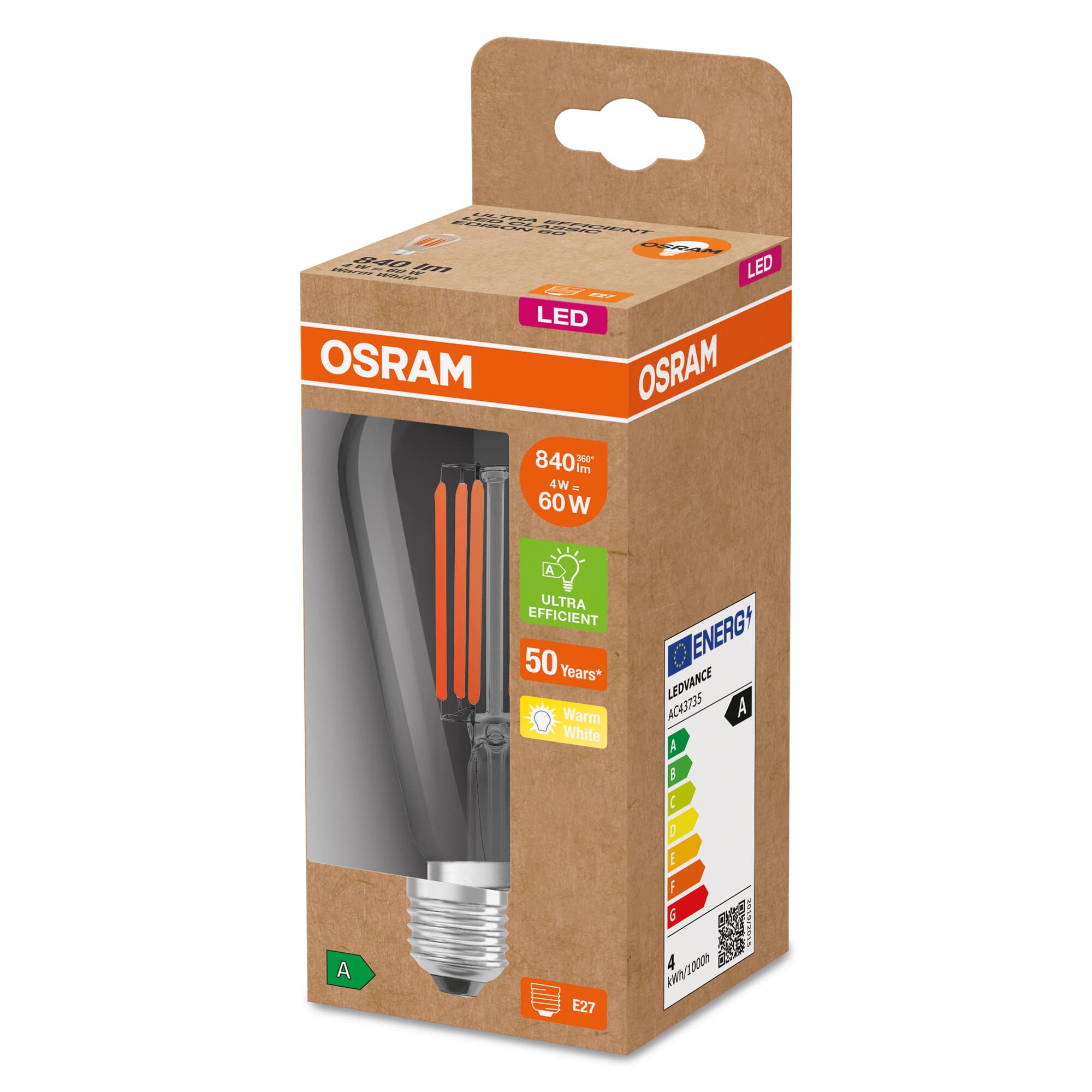 OSRAM LED Lampada a risparmio energetico, filamento Edison, E27, bianco caldo (3000K), 4 watt, sostituisce la lampadina da 60W, altamente efficiente e a risparmio energetico, confezione da 6